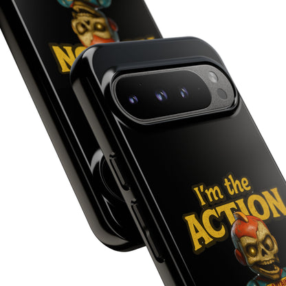 Action Figure Phone Case — "I'm the Action" Retro Skull Toy Design