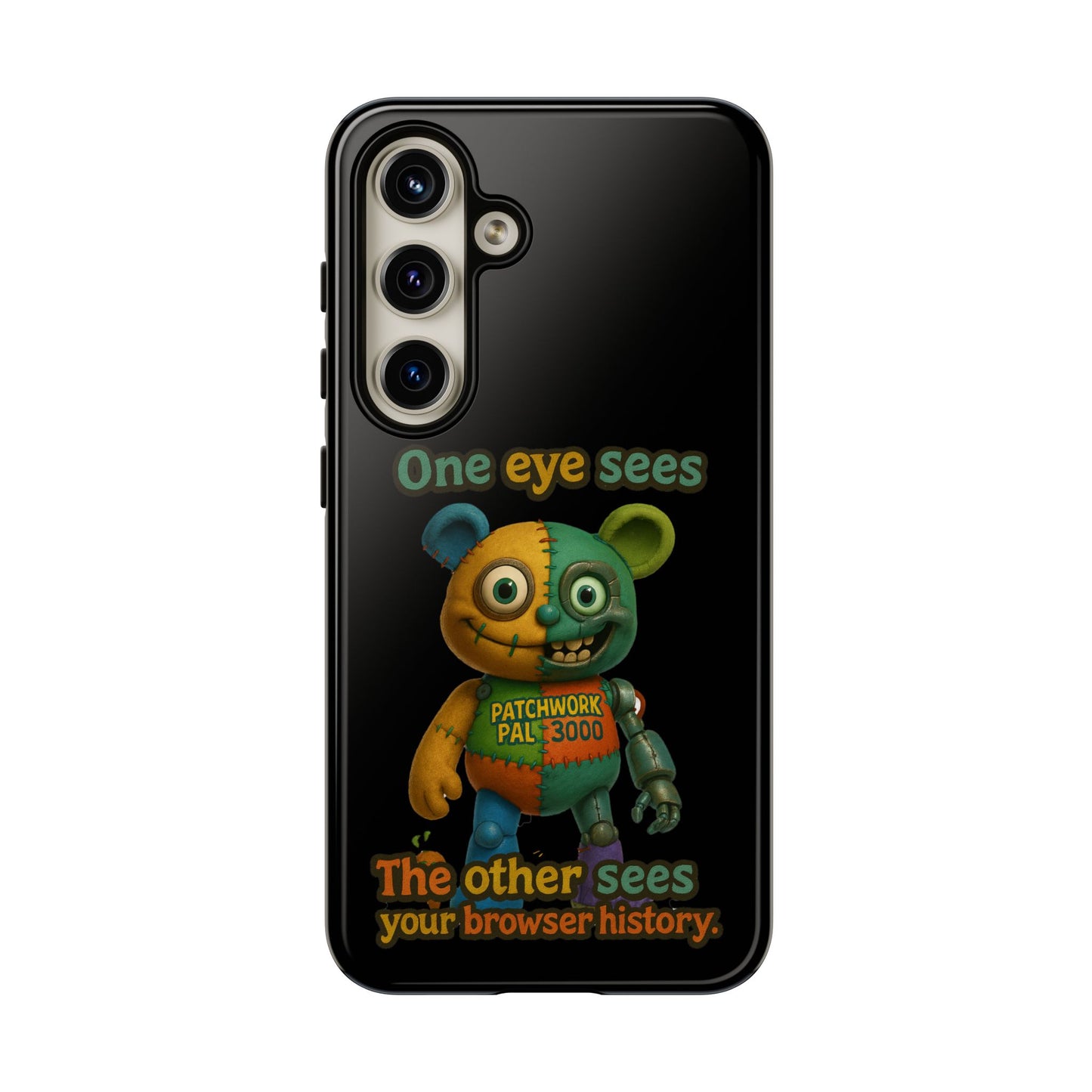 Phone Case — 'One Eye Sees, The Other Sees Your Browser History' Patchwork Bear Design