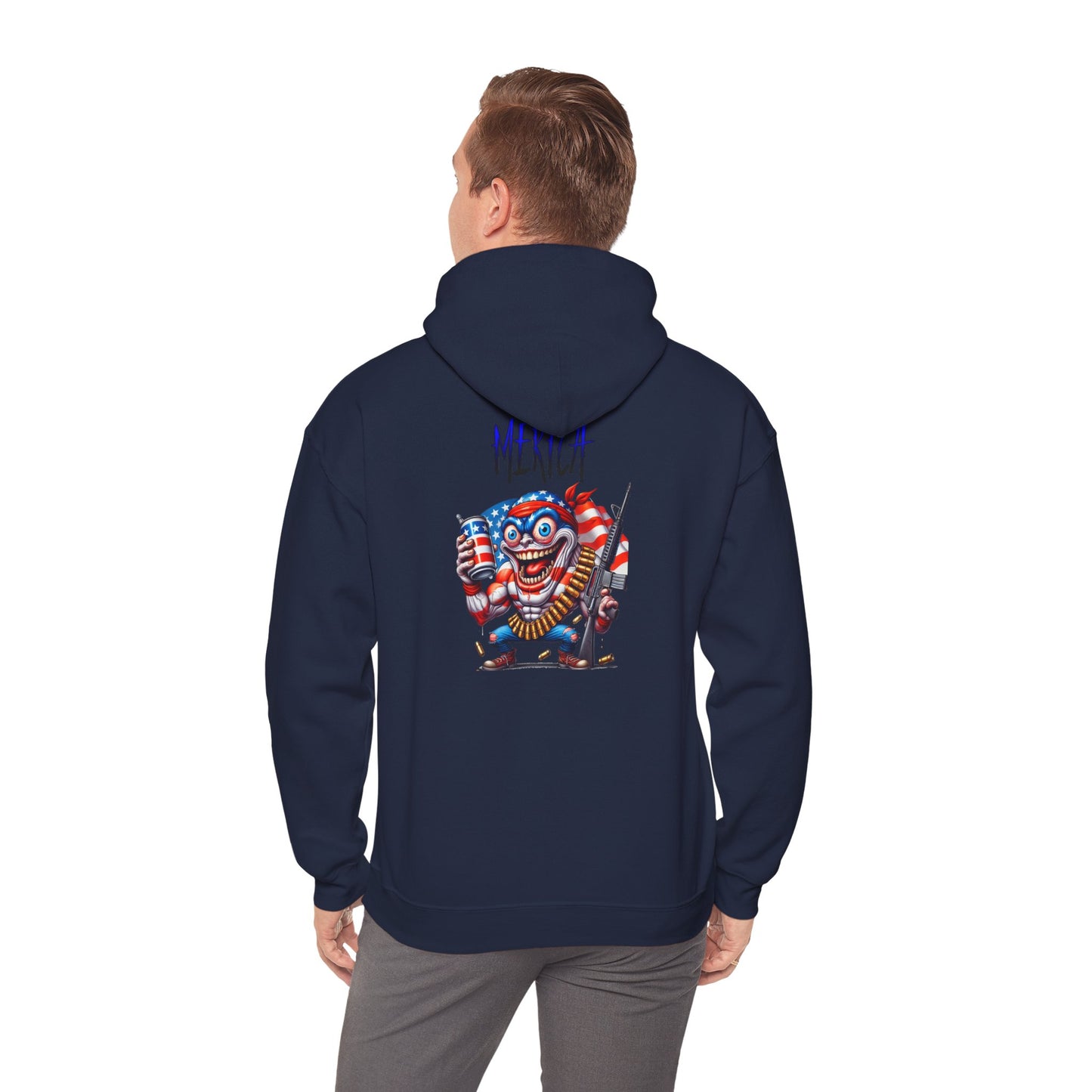 Patriotic Retro Hoodie — American Flag Skull Character Back Graphic