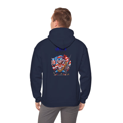 Patriotic Retro Hoodie — American Flag Skull Character Back Graphic