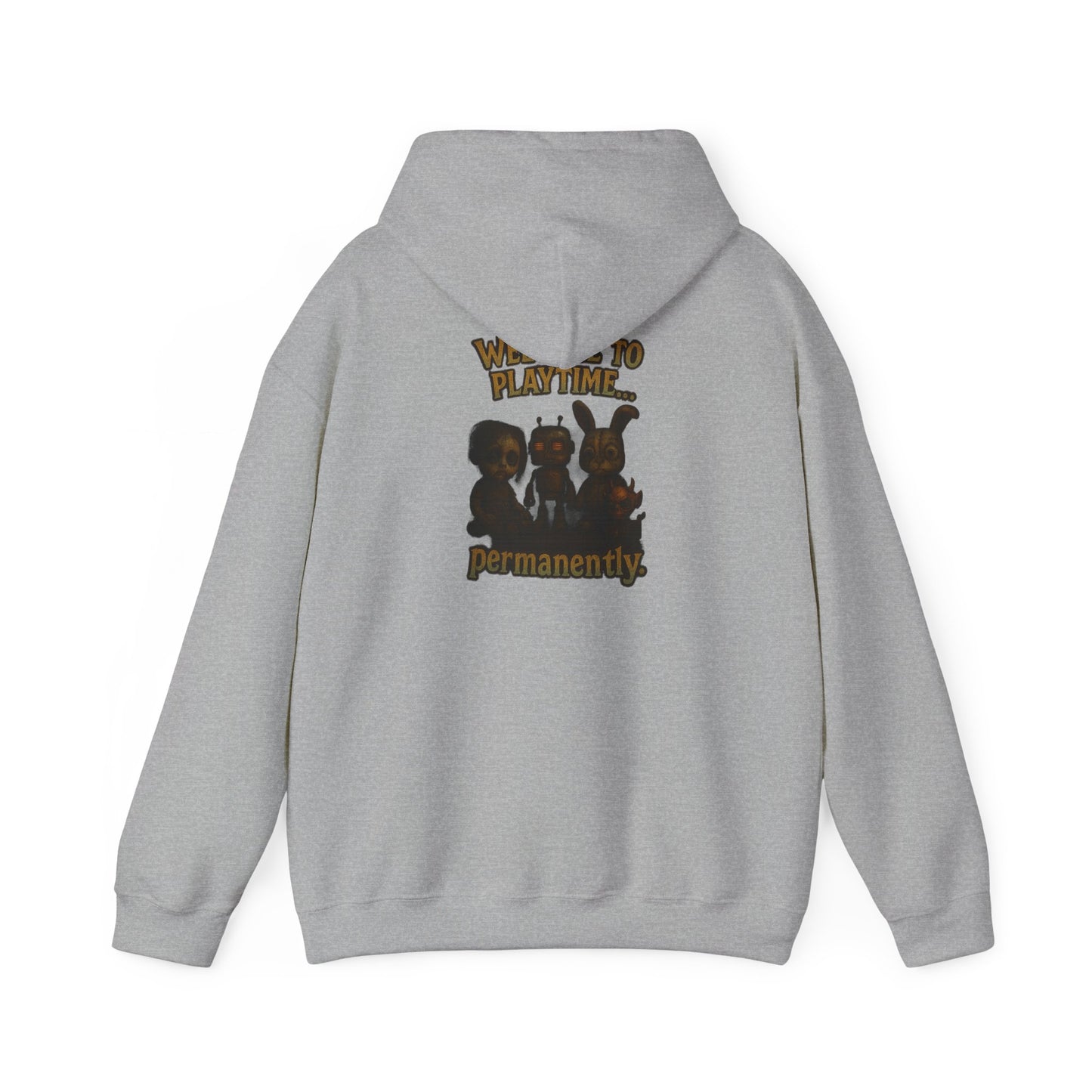 Hoodie — 'Welcome Playtime Permanently' Vintage Horror Character Back Graphic