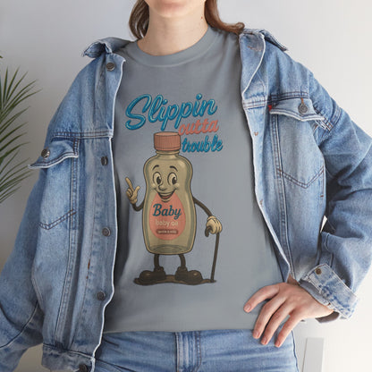 Slippin' Outta Trouble – Funny Baby Oil Cartoon T-Shirt