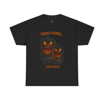 Halloween Pumpkin Tee - "Press Purée... and Pray" Spooky Jack-O'-Lantern T-Shirt