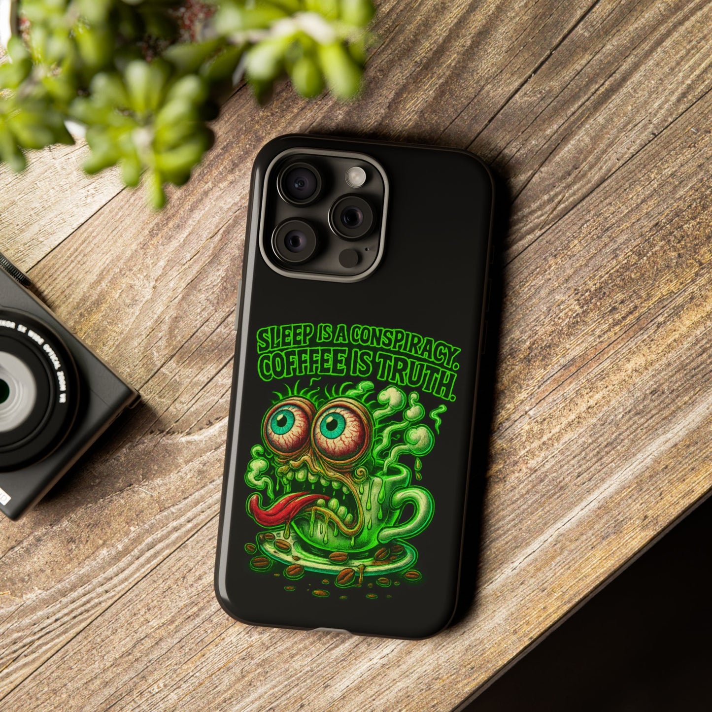Phone Case — “Sleep Is a Conspiracy, Coffee Is Truth” Retro Monster Design