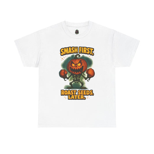 Smash First Pumpkin Boxer illustration T-Shirt | Halloween pumpkin design