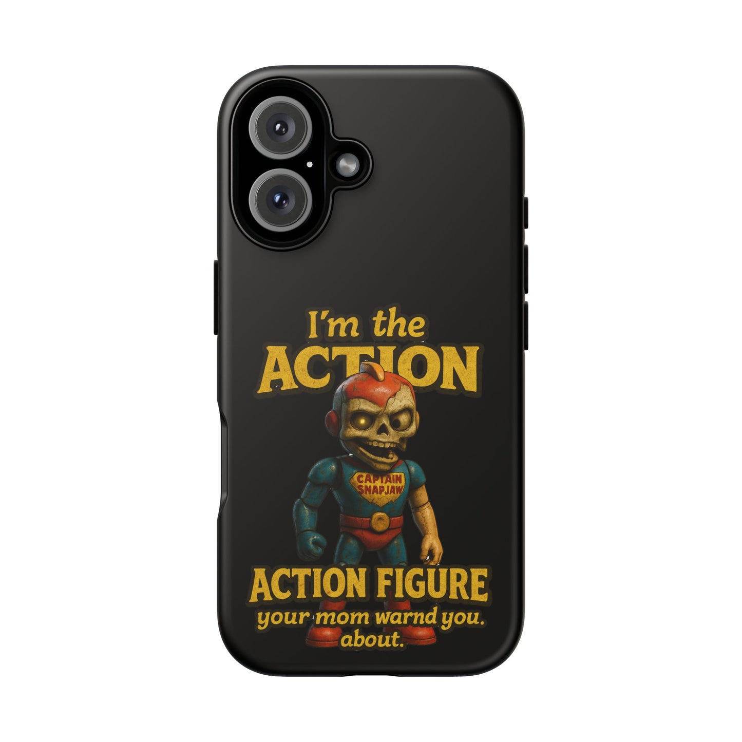 Action Figure Phone Case — "I'm the Action" Retro Skull Toy Design