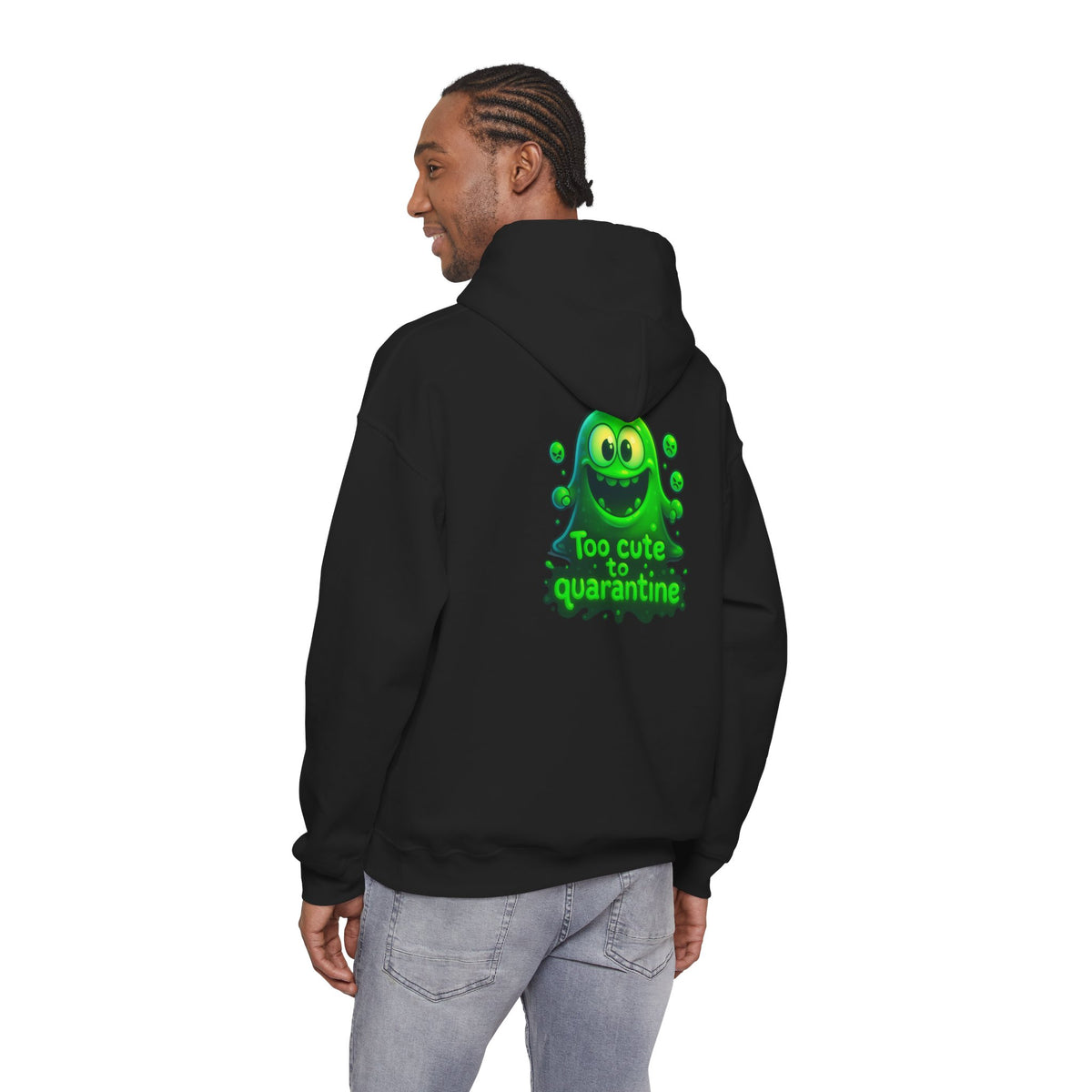 Too Cute to Quarantine Hoodie — Cute Green Slime Graphic Pullover