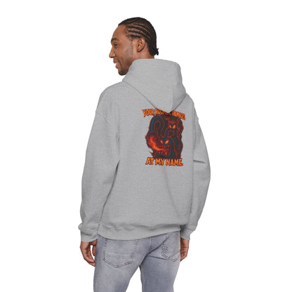 Hoodie — Fiery Demon Skull 'Your Roomba Trembls At My Name' Graphic Back Print
