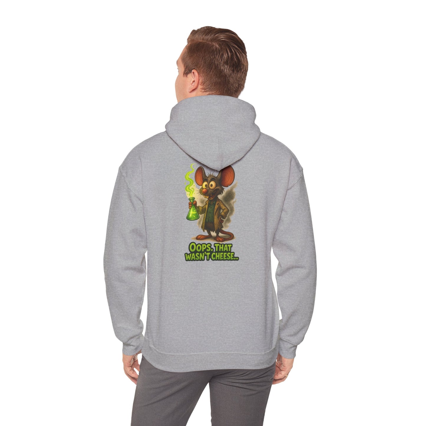 Chemistry Mouse Hoodie — "Oops, That Wasn't Cheese" Cute Scientist Graphic