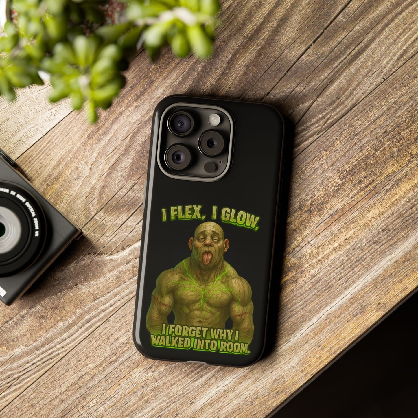 Funny Glow Gym Phone Case — "I Flex, I Glow" Humorous Bodybuilder Design