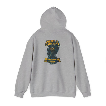 Darkness Stirred Hoodie — Vintage Cat Illustration "Poured in Darkness, Stirred in Chaos, Served with Style"