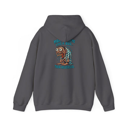Hoodie — "Monday Hit Me Like a Bus... Then Reversed" Retro Skull Graphic Hoodie