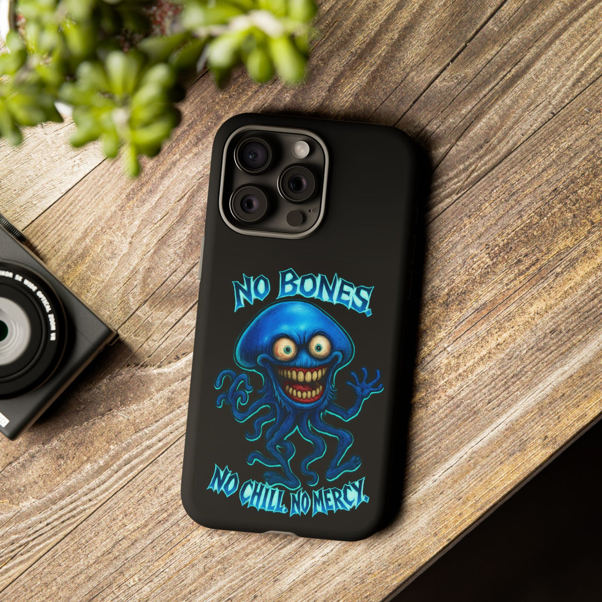 Phone Case — 'No Bones, No Chill, No Mercy' Blue Jellyfish Horror Design