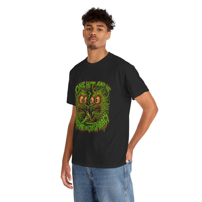 One Hit and We Became the Conspiracy – Trippy Weed Monster T-Shirt