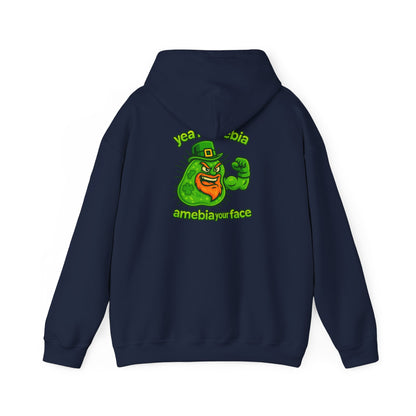 Amebiavirus St. Patrick's Day Hoodie — Funny Green Germ Mascot with 'yea bia amebiavirusface' Text