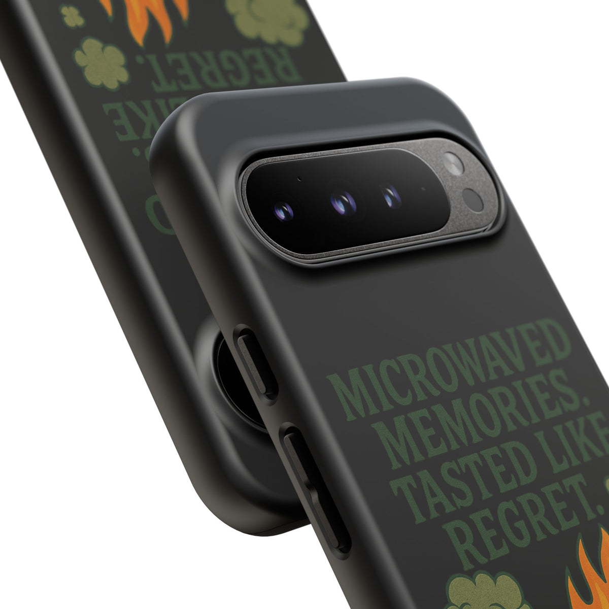 Microwaved Memories Phone Case — 'Microwaved Memories. Tasted Like Regret.' Retro Fire Design