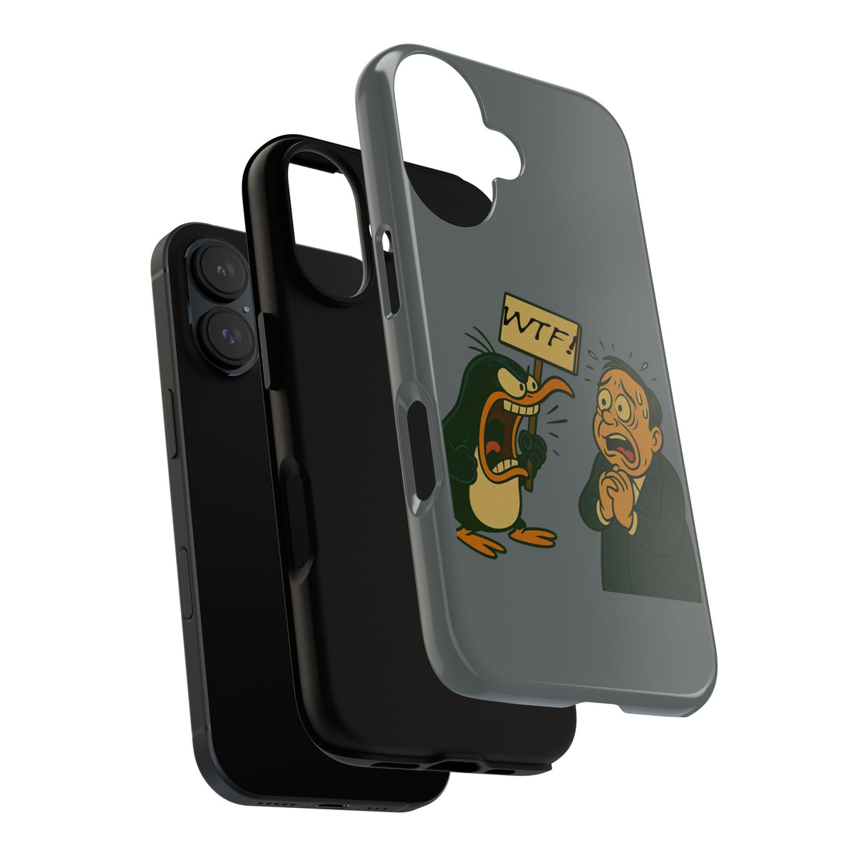 Phone Case - Cartoon Penguin Yelling 'WTF' at Shocked Man, Funny Protective iPhone Cover