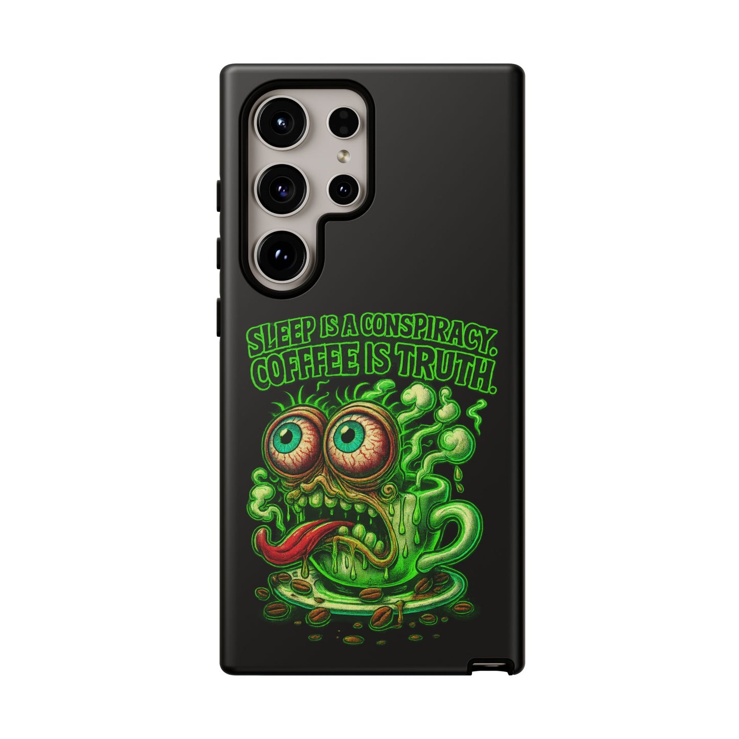 Phone Case — “Sleep Is a Conspiracy, Coffee Is Truth” Retro Monster Design