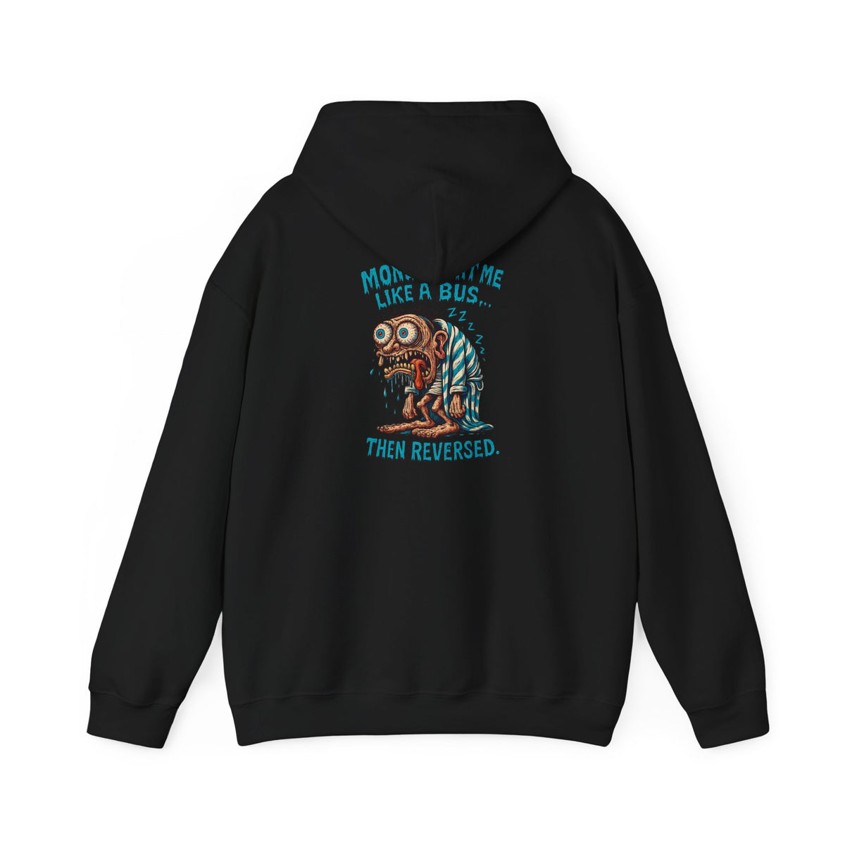 Hoodie — "Monday Hit Me Like a Bus... Then Reversed" Retro Skull Graphic Hoodie