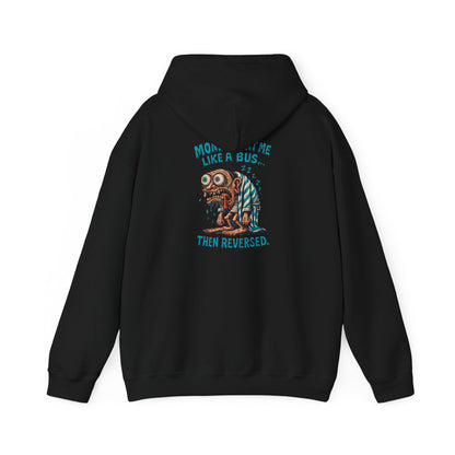 Hoodie — "Monday Hit Me Like a Bus... Then Reversed" Retro Skull Graphic Hoodie