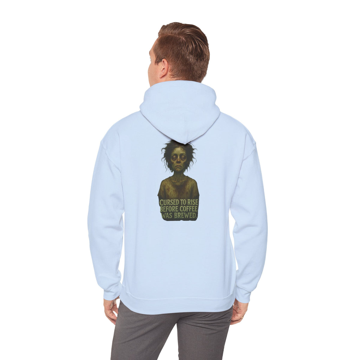 Hoodie — "Cursed to Rise Before Coffee Was Brewed" Goth Coffee Graphic Hooded Sweatshirt
