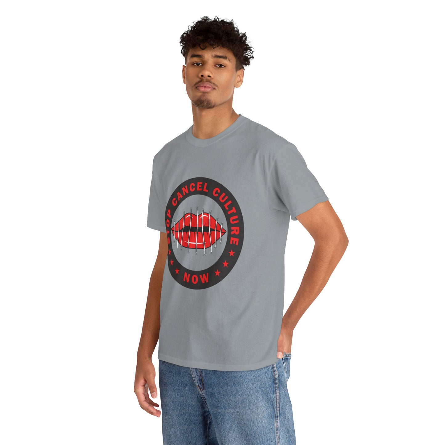 Stop Cancel Culture Now – Free Speech Tee (Barred Lips Design)