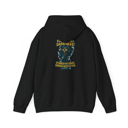 Darkness Stirred Hoodie — Vintage Cat Illustration "Poured in Darkness, Stirred in Chaos, Served with Style"