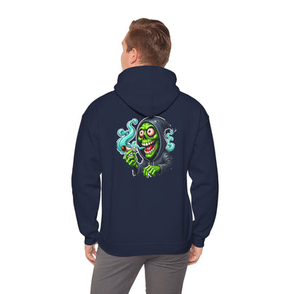 Grinning Reaper Hooded Sweatshirt – Spooky Green Skull Smoking Hoodie