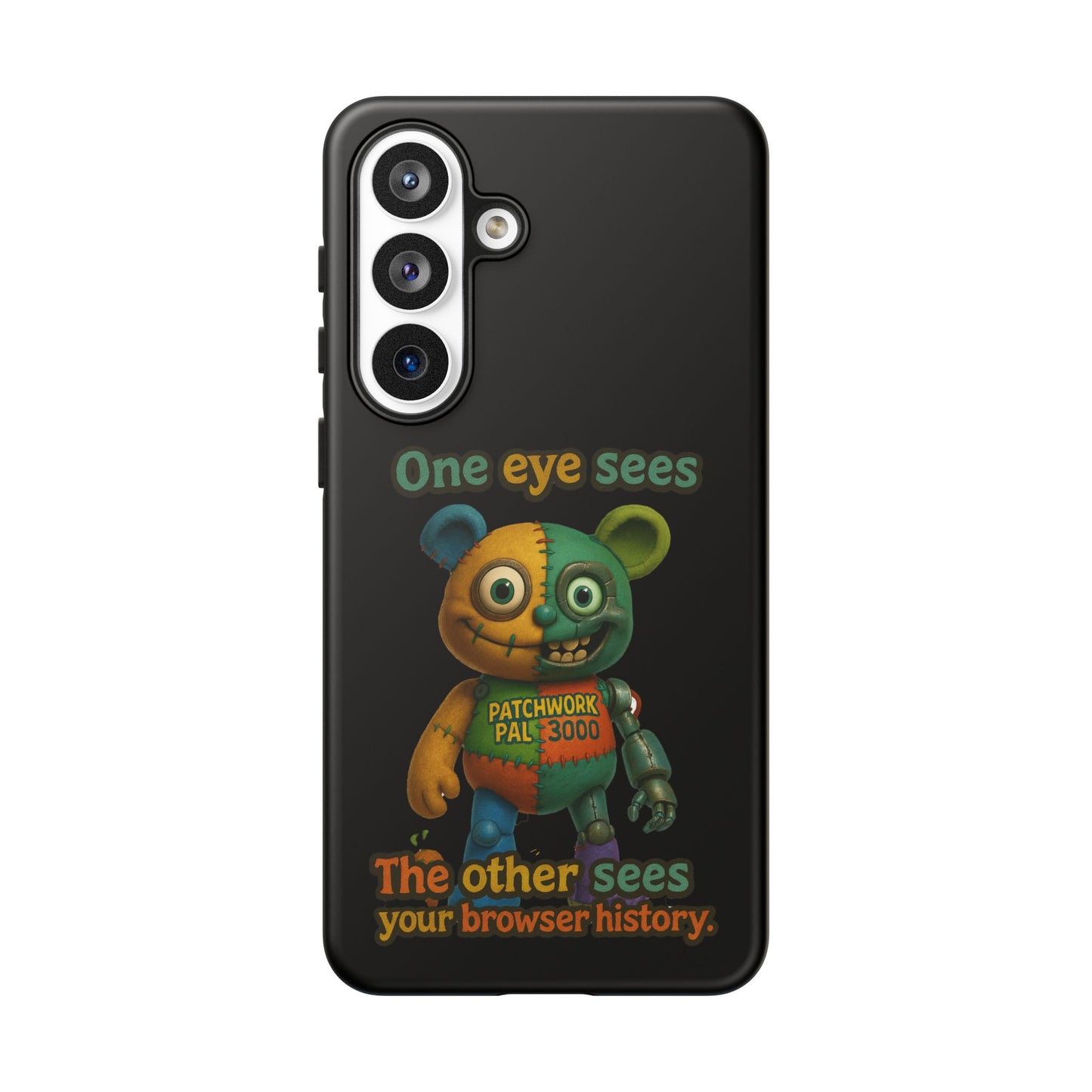 Phone Case — 'One Eye Sees, The Other Sees Your Browser History' Patchwork Bear Design