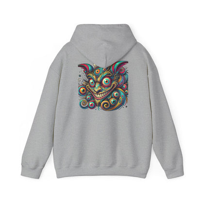 Demon Mask Hoodie — Vibrant Psychedelic Oni Graphic Hooded Sweatshirt