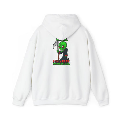 Grim Reaper Cartoon Hoodie — "I Only Read on Weekdays" Graphic Pullover