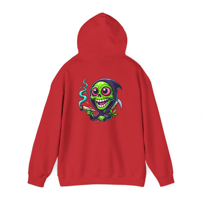 Grinning Green Grim Reaper Hoodie - Cute Creepy Smoking Skull Graphic Sweatshirt