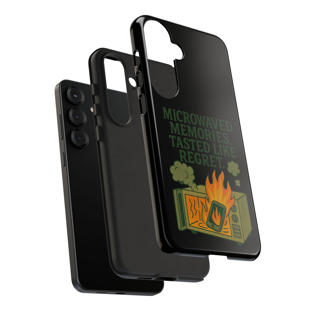 Microwaved Memories Phone Case — 'Microwaved Memories. Tasted Like Regret.' Retro Fire Design