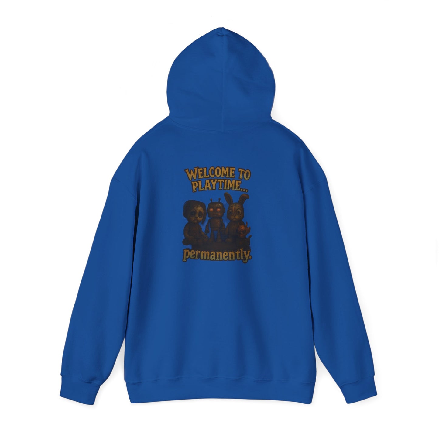 Hoodie — 'Welcome Playtime Permanently' Vintage Horror Character Back Graphic