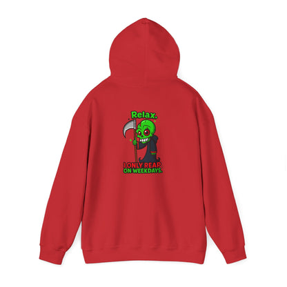 Grim Reaper Cartoon Hoodie — "I Only Read on Weekdays" Graphic Pullover