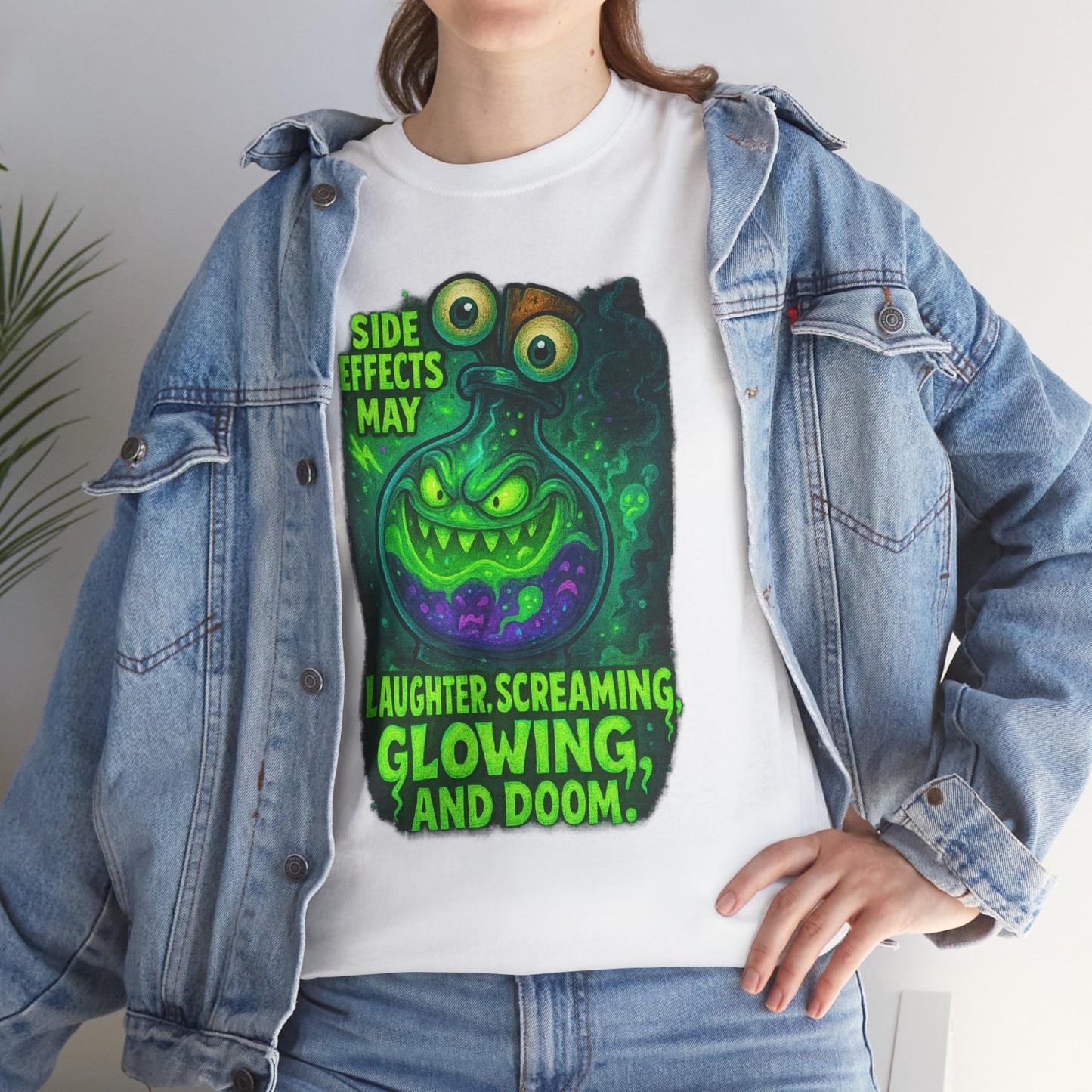 T-Shirt — "Side Effects May Include: Laughter, Screaming, Glowing, and Doom" Neon Monster Graphic