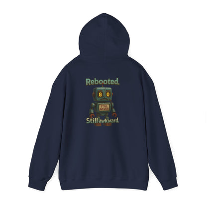 Robot Graphic Hoodie — "Rebooted. Socially Awkward." Retro Cute Robot Back Print