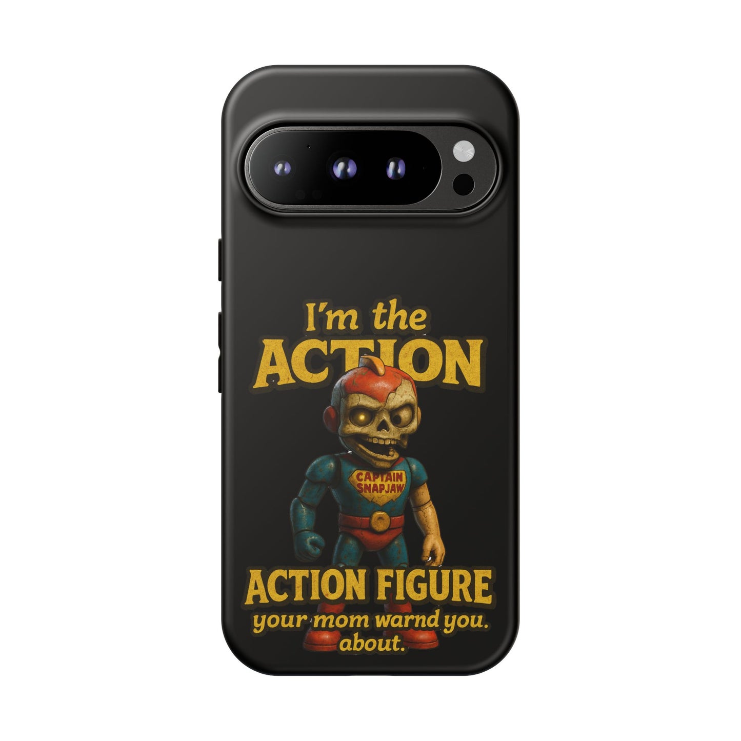 Action Figure Phone Case — "I'm the Action" Retro Skull Toy Design