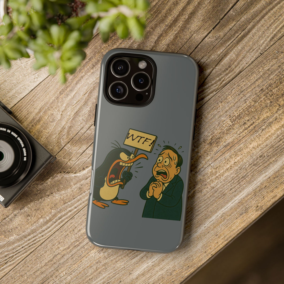 Phone Case - Cartoon Penguin Yelling 'WTF' at Shocked Man, Funny Protective iPhone Cover