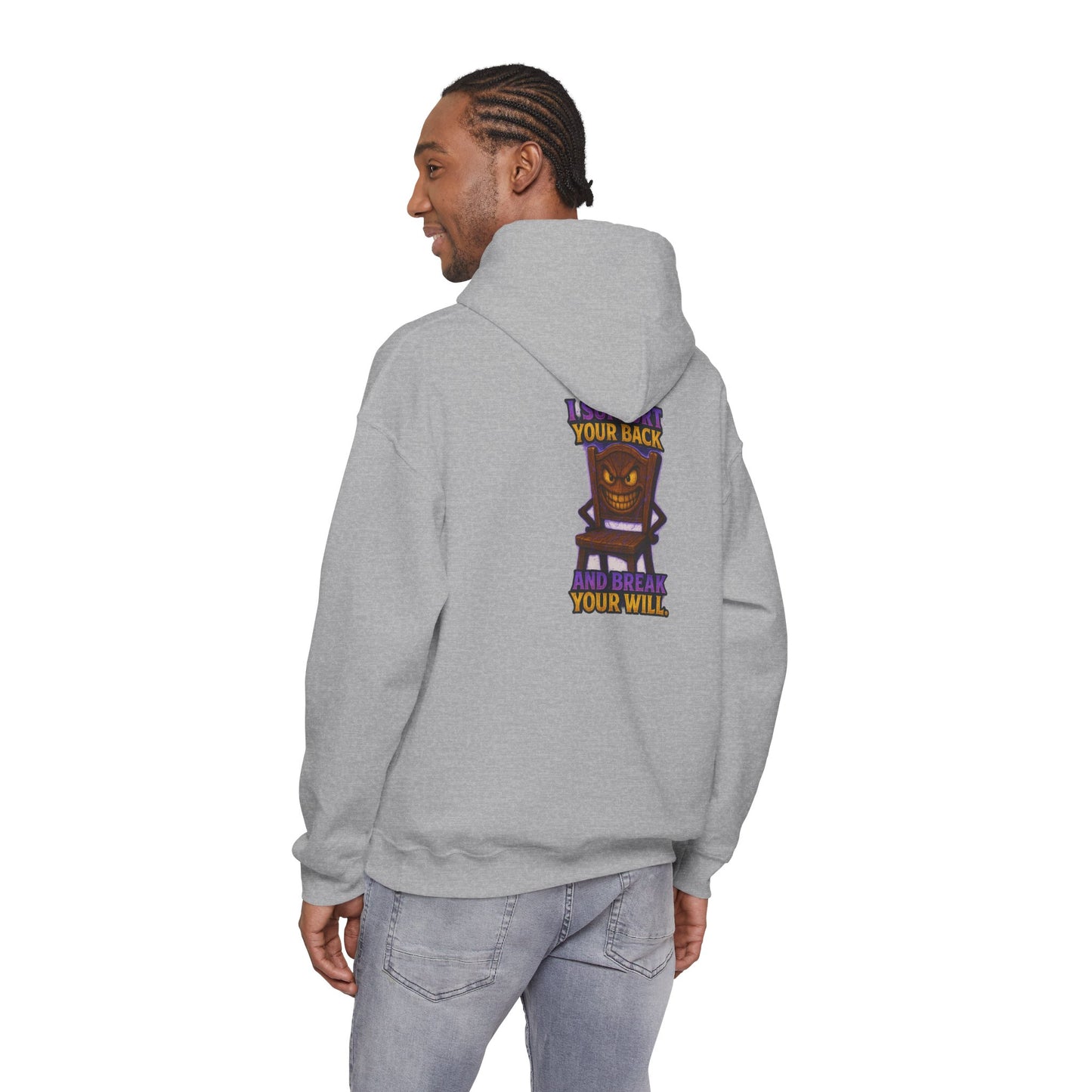 Horror Throne Hoodie — 'I’ll Watch Your Back and Break Your Will' Graphic Pullover