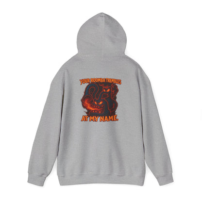 Hoodie — Fiery Demon Skull 'Your Roomba Trembls At My Name' Graphic Back Print