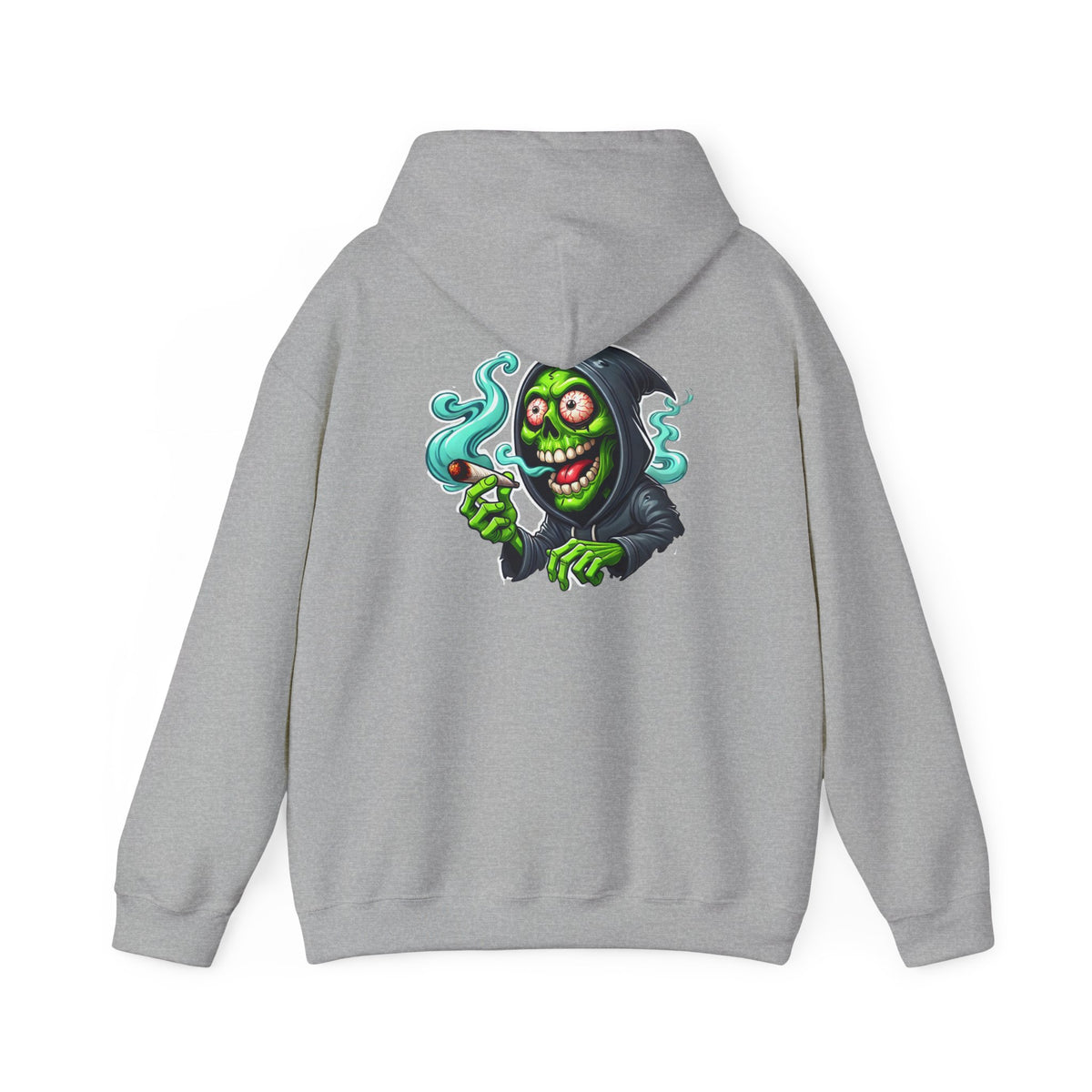 Grinning Reaper Hooded Sweatshirt – Spooky Green Skull Smoking Hoodie