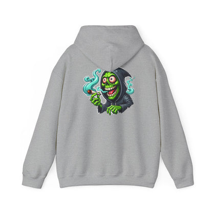 Grinning Reaper Hooded Sweatshirt – Spooky Green Skull Smoking Hoodie