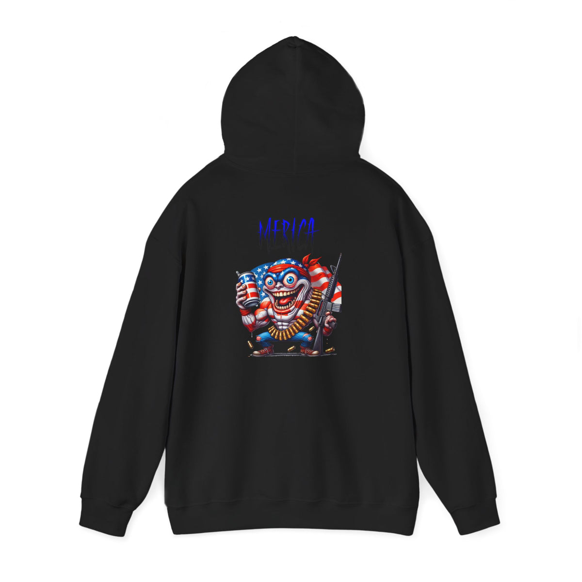 Patriotic Retro Hoodie — American Flag Skull Character Back Graphic