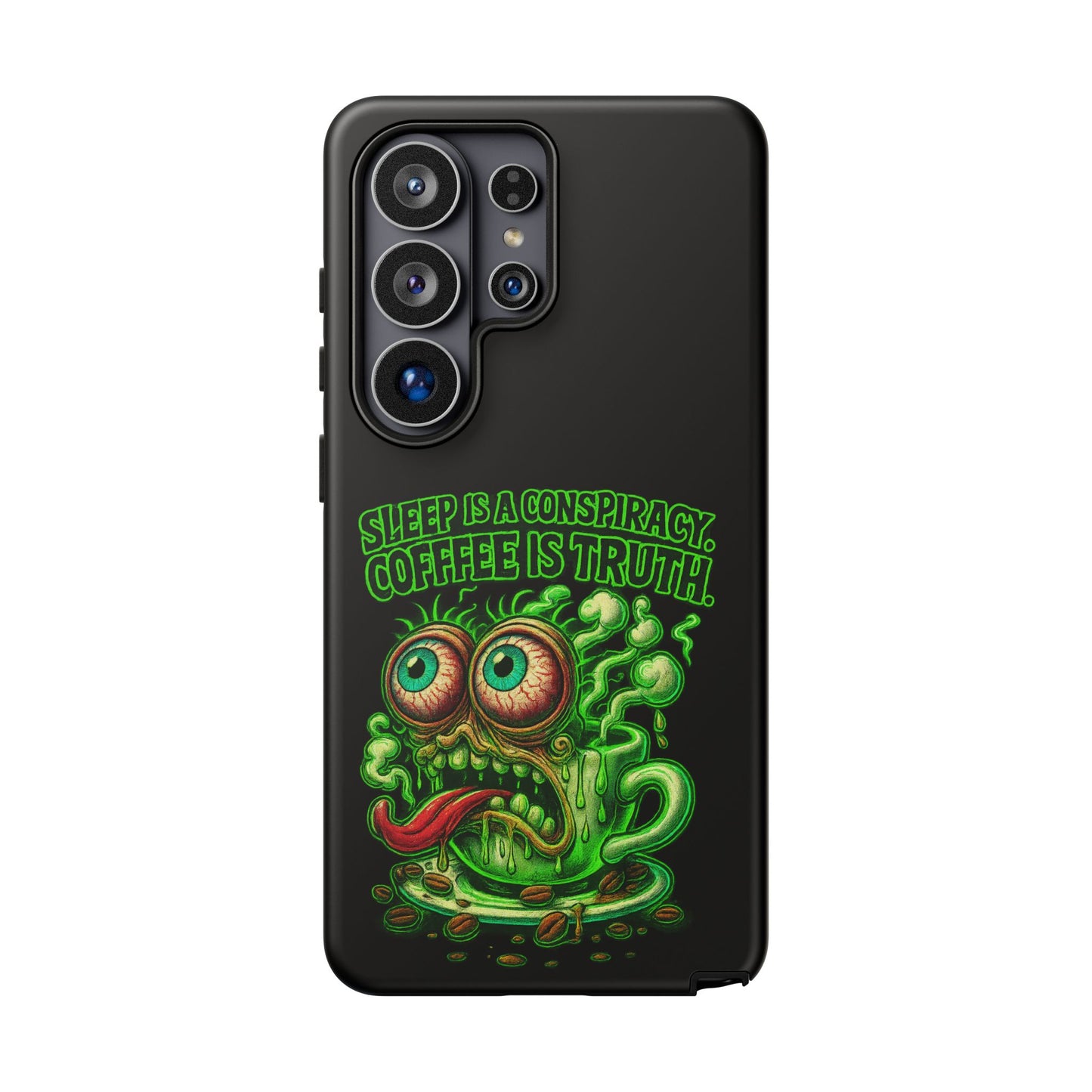 Phone Case — “Sleep Is a Conspiracy, Coffee Is Truth” Retro Monster Design
