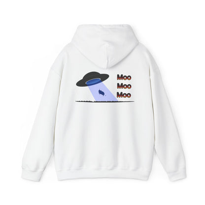 UFO Cow Abduction Hoodie - 'Moo Moo Moo' Graphic Hooded Sweatshirt