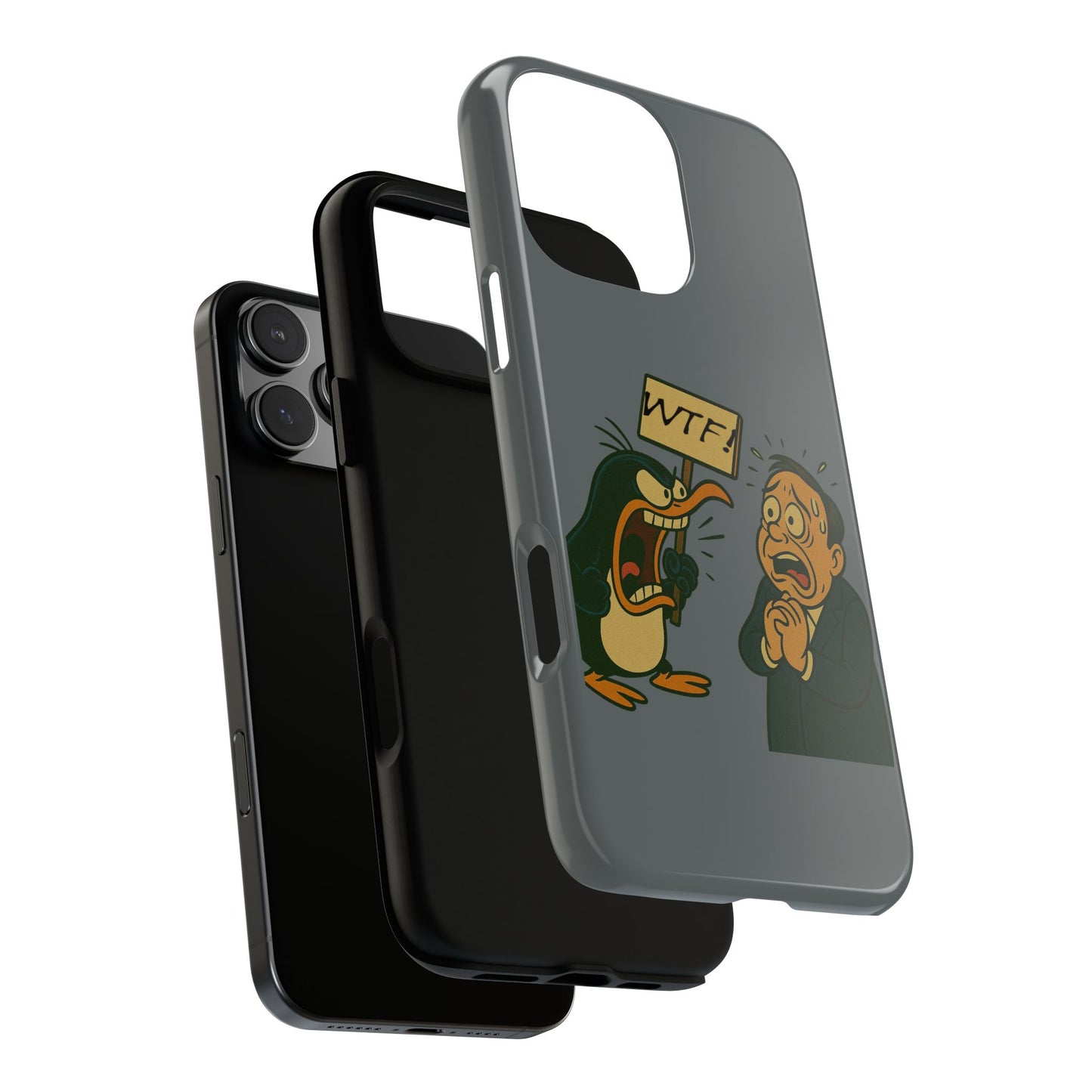 Phone Case - Cartoon Penguin Yelling 'WTF' at Shocked Man, Funny Protective iPhone Cover