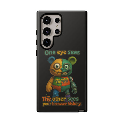 Phone Case — 'One Eye Sees, The Other Sees Your Browser History' Patchwork Bear Design