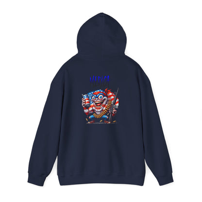 Patriotic Retro Hoodie — American Flag Skull Character Back Graphic