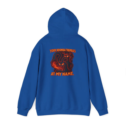 Hoodie — Fiery Demon Skull 'Your Roomba Trembls At My Name' Graphic Back Print
